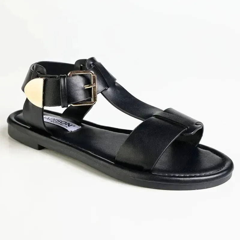 Madison Mika T-Bar Ankle Tie Flat Sandal With Square Buckle - Black