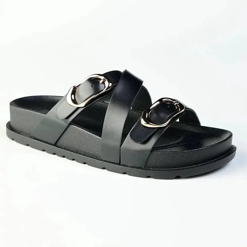 Madison Misty Double Buckle Cross Over Footbed Sandal - Black