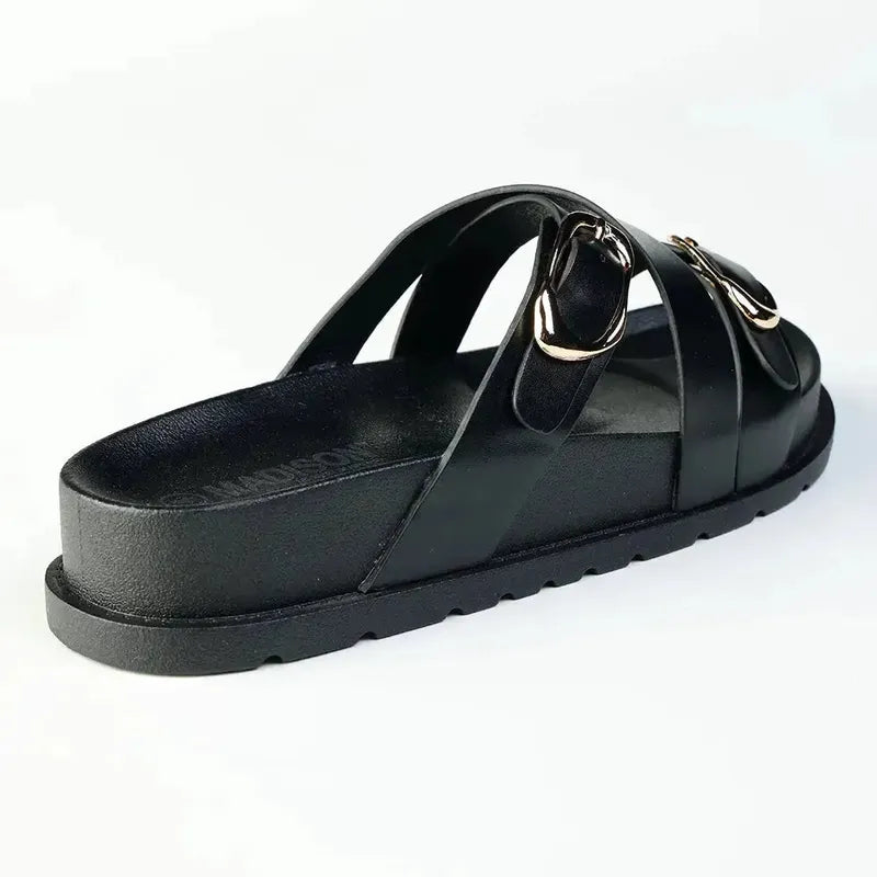 Madison Misty Double Buckle Cross Over Footbed Sandal - Black