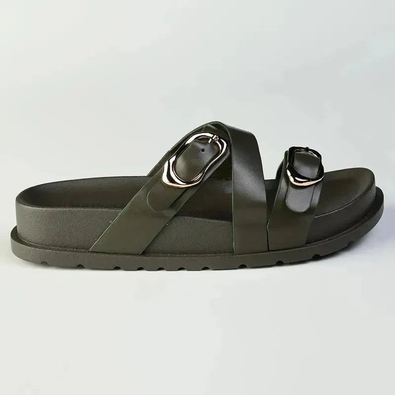 Madison Misty Double Buckle Cross Over Footbed Sandal - Olive