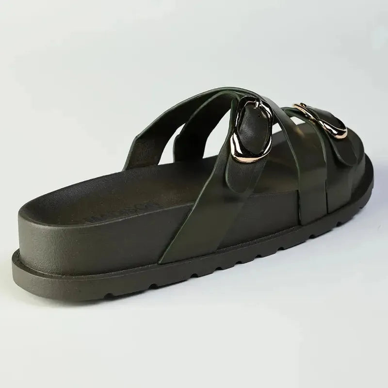 Madison Misty Double Buckle Cross Over Footbed Sandal - Olive