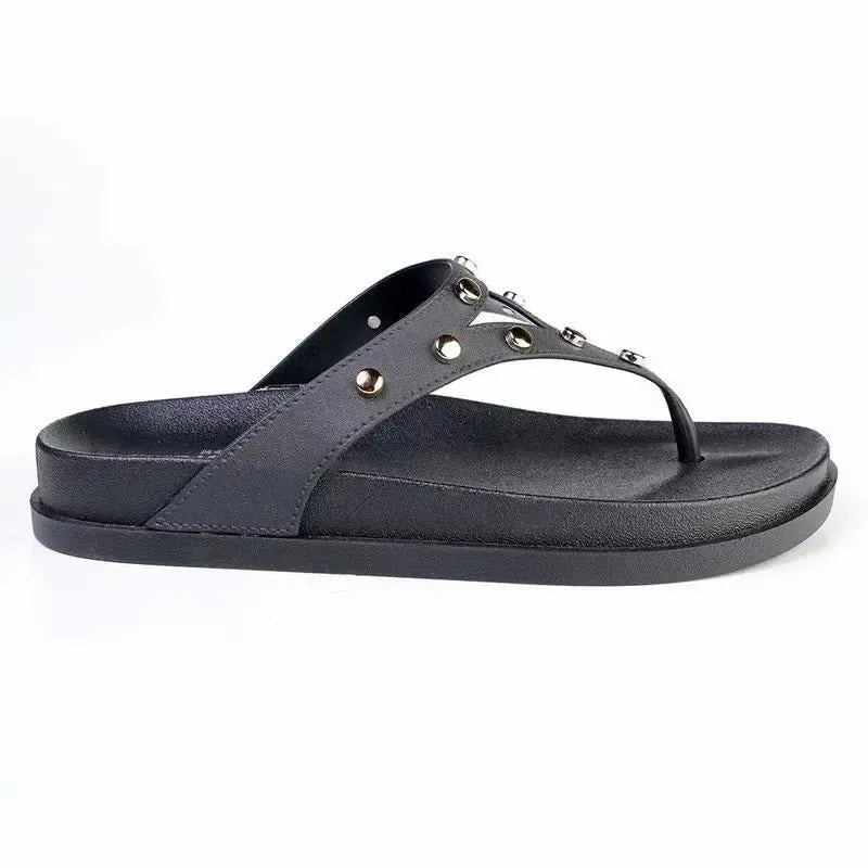 Madison Mitzi Studded Footbed Thong Sandal - Black
