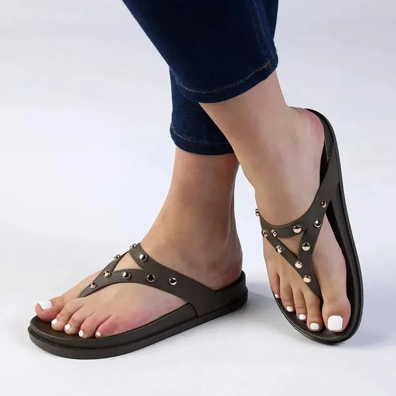 Madison Mitzi Studded Footbed Thong Sandal - Olive