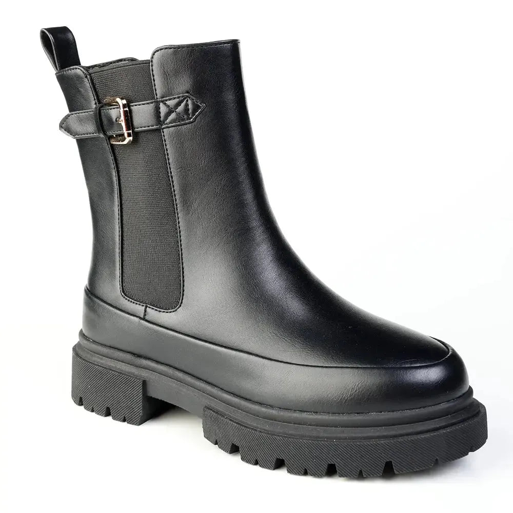 Madison Olva Ankle Boot With Buckle Strap - Black