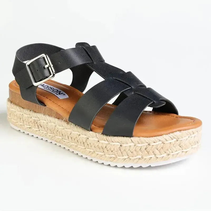 Madison Double Strap T-Bar Espadrille Sandal - Black