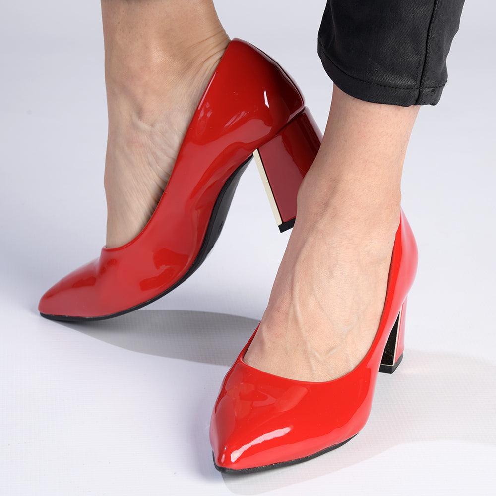 Madison Gold Low Block Heel Court Red Patent