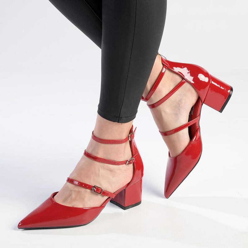 Block Heel Shoes Red Strappy Low Heels Nataly-06 Open Toe Ankle
