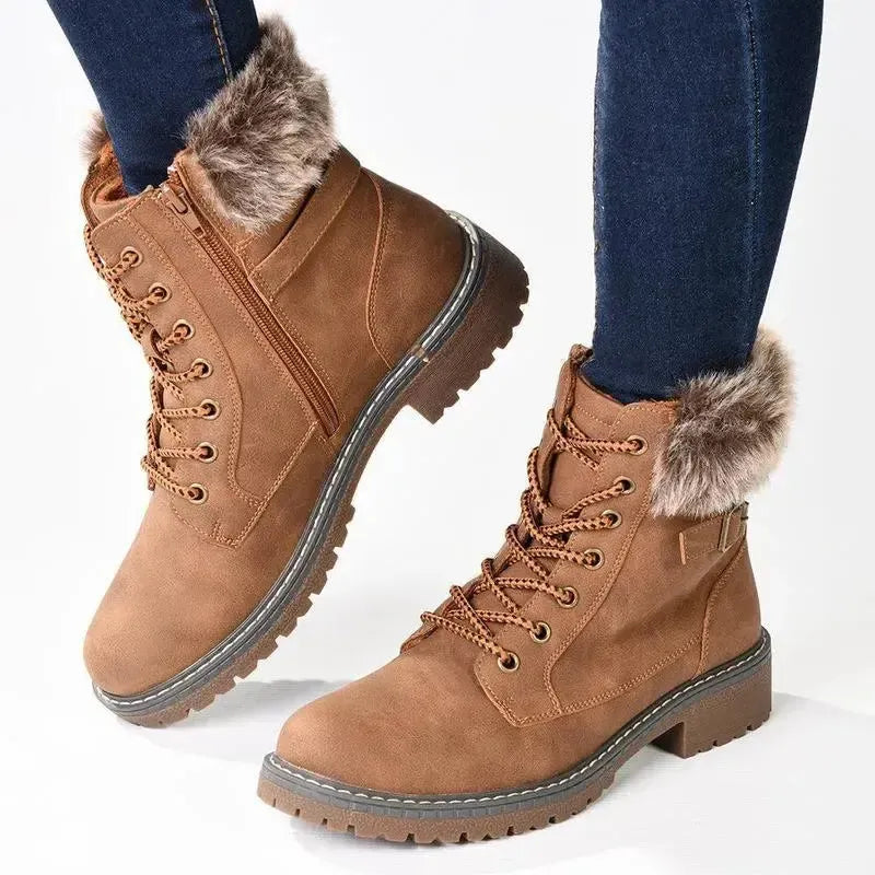 Madison Jordan Fur Collar Lace Up Boot - Brown