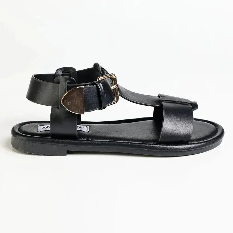 Madison Mika T-Bar Ankle Tie Flat Sandal With Square Buckle - Black