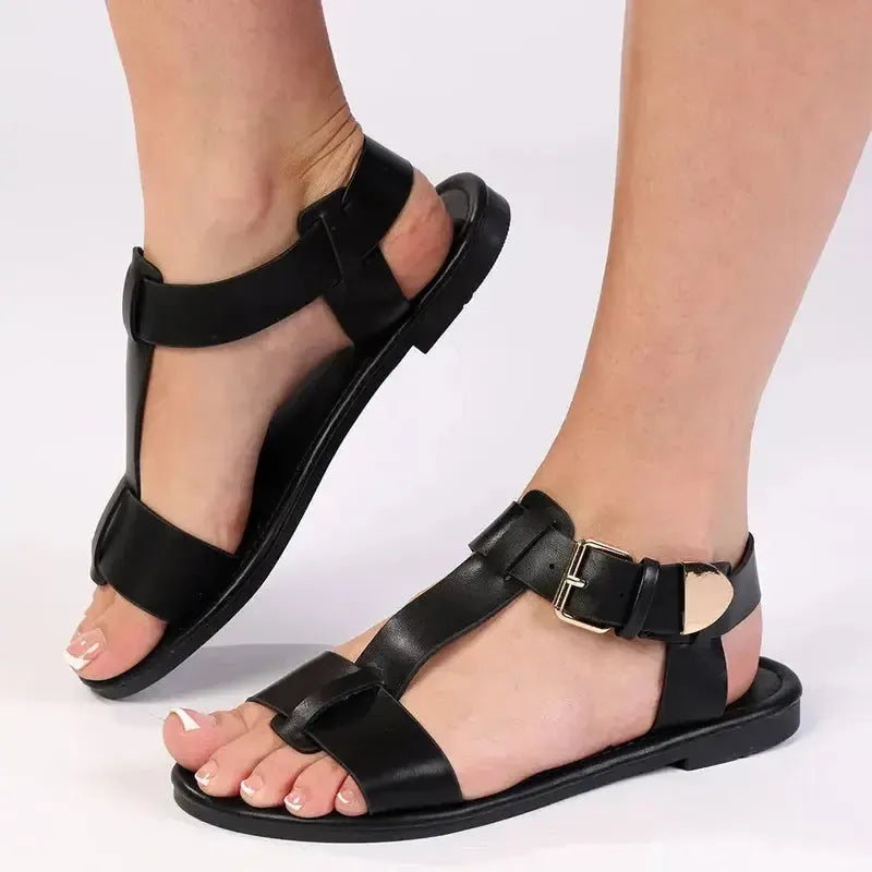 Madison Mika T-Bar Ankle Tie Flat Sandal With Square Buckle - Black