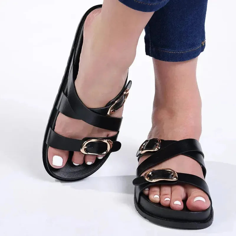 Madison Misty Double Buckle Cross Over Footbed Sandal - Black