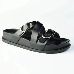 Madison Misty Double Buckle Cross Over Footbed Sandal - Black