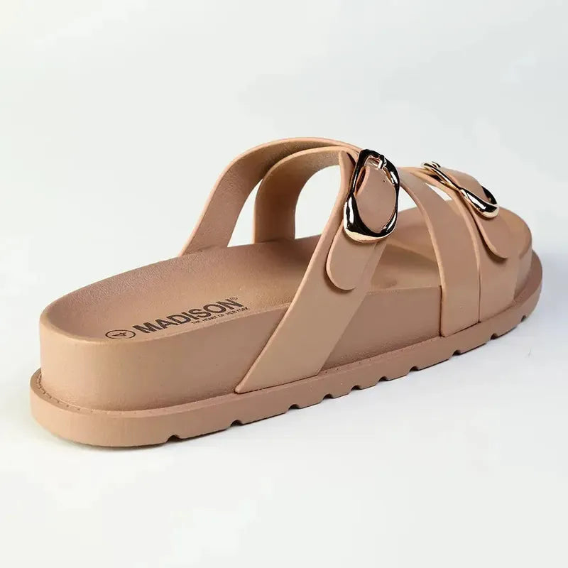 Madison Misty Double Buckle Cross Over Footbed Sandal - Dark Nude