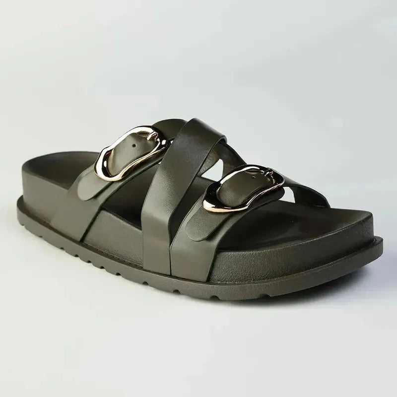 Madison Misty Double Buckle Cross Over Footbed Sandal - Olive
