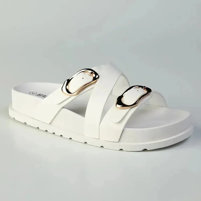 Madison Misty Double Buckle Cross Over Footbed Sandal - White