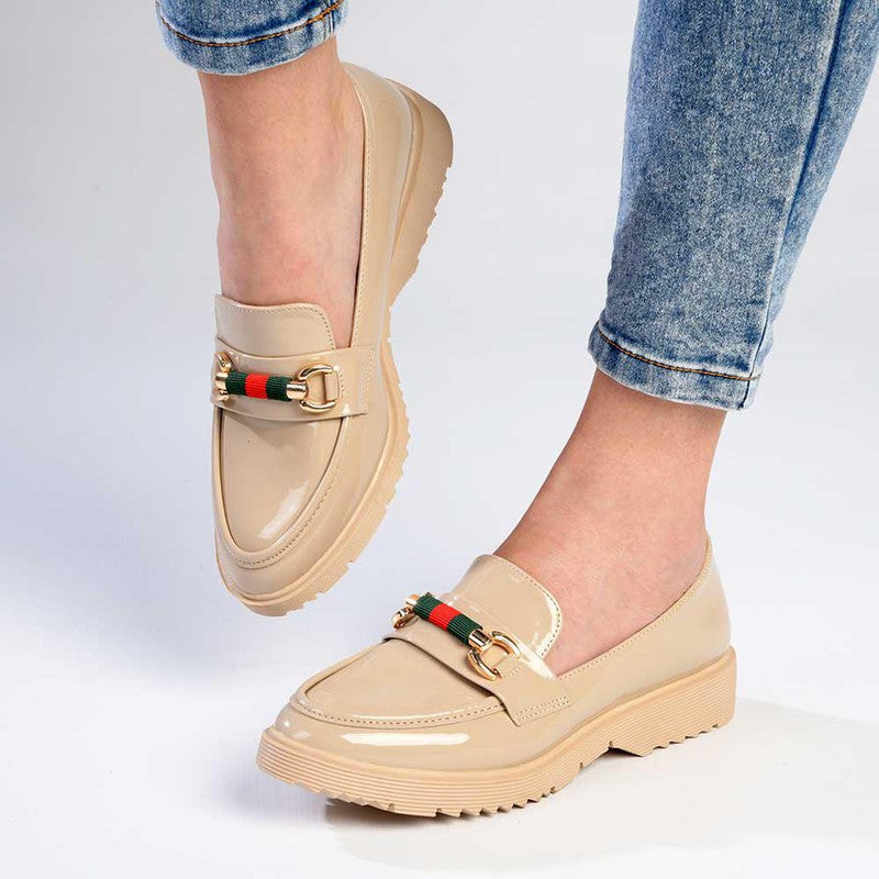 Madison Paxton Slip On Brogue With Gold Saddle Trim - Nude-Madison Heart of New York-Buy shoes online